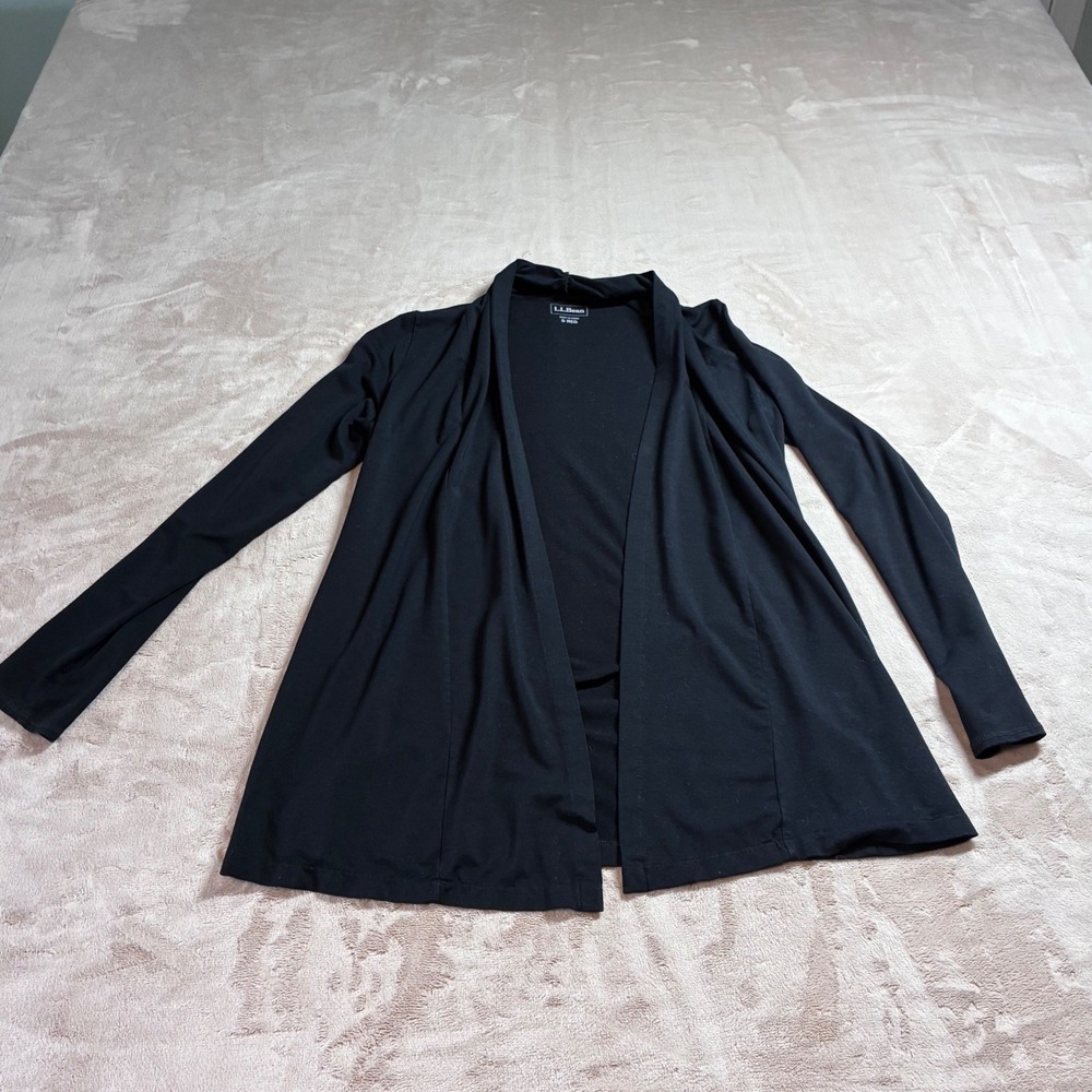 LL Bean Black Tencel Lyocell Open Front Draped Flyaway Cardigan Sweater Womens S